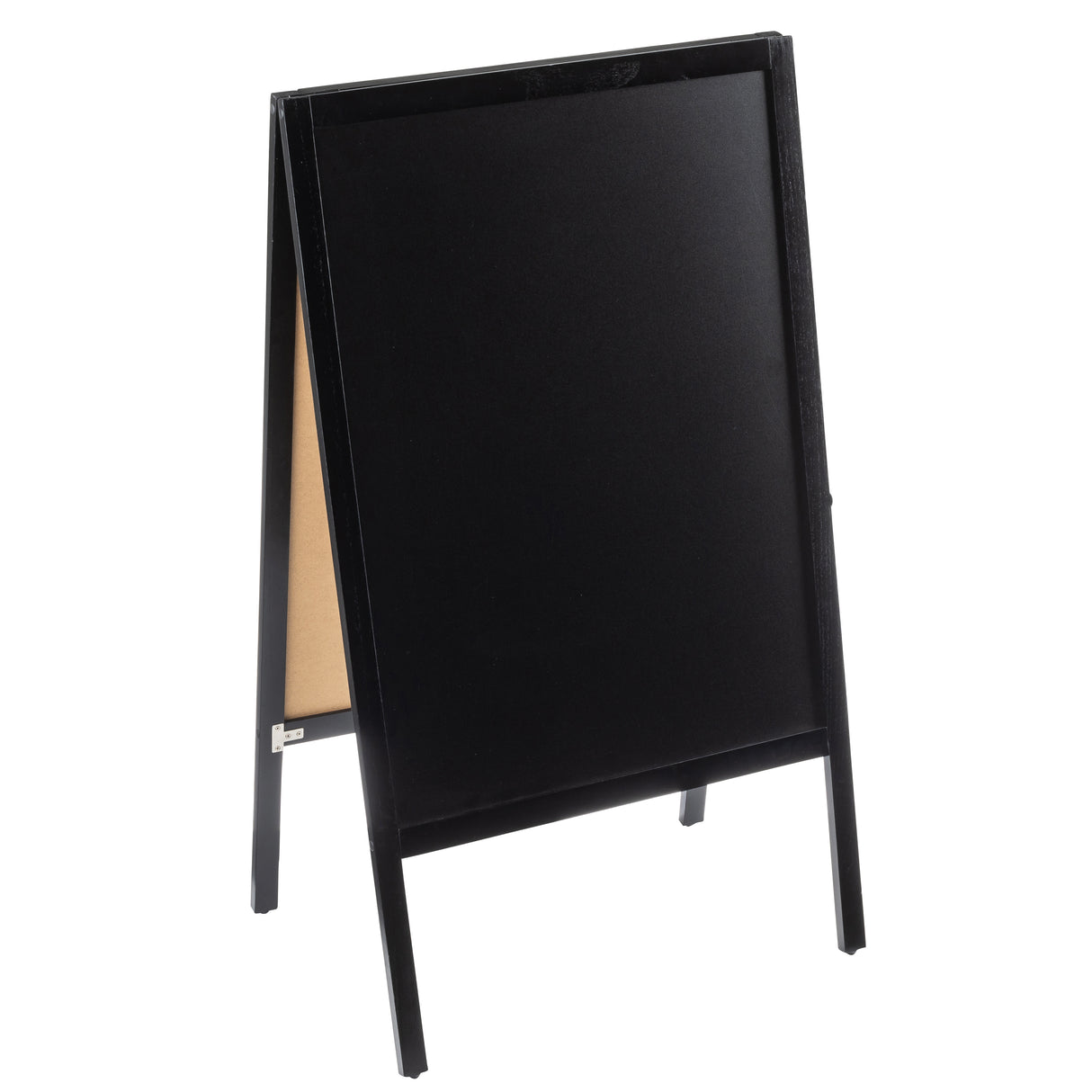 A blank, black chalkboard A-frame stand with a wooden frame sits at a slight angle on a white background. This freestanding floor board sign is empty and ready for custom writing or drawing.