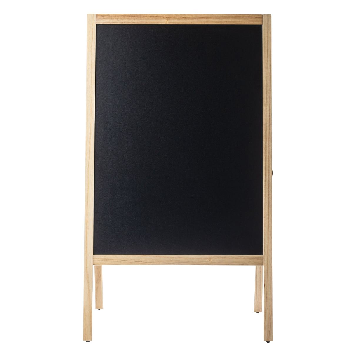 A blank, freestanding chalkboard with a light wooden frame stands on four legs, resembling a classic A-frame stand. The rectangular board has a clean, empty surface and is set against a plain white background.