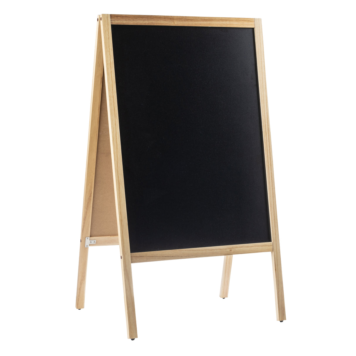 A blank, double-sided chalkboard easel with a light wooden frame stands on a white background. The rectangular chalkboard is supported by four legs, with visible hinges on the side for folding, resembling an A-frame stand.