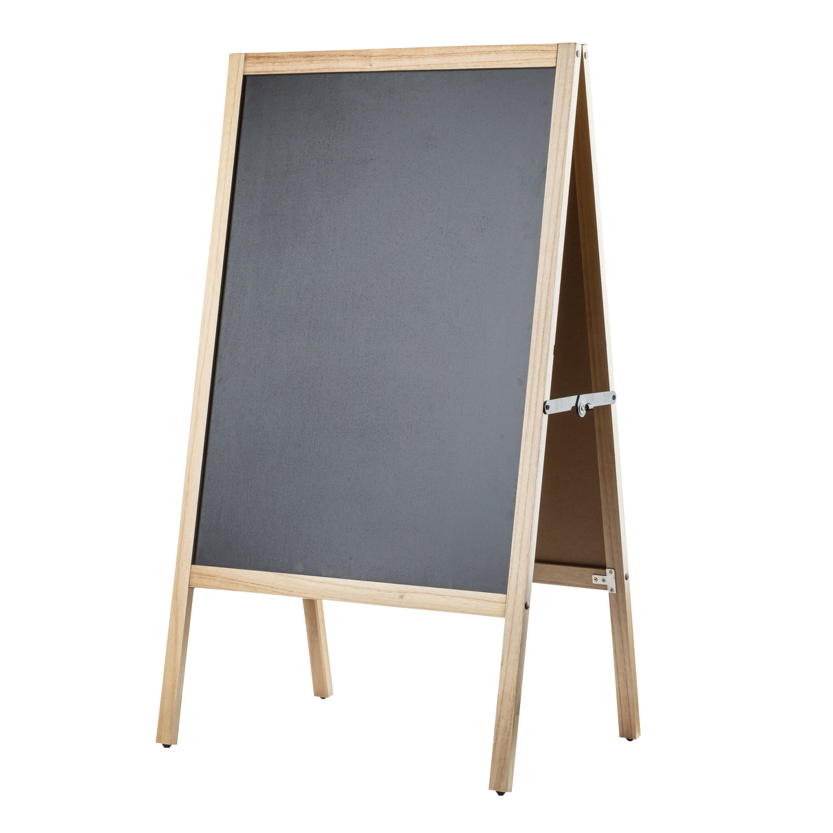 A wooden-framed, double-sided A-frame stand chalkboard stands open on a white background. The light-colored wood frame supports a blank, dark surface—perfect for writing or drawing. Metal hinges connect the panels at the top.