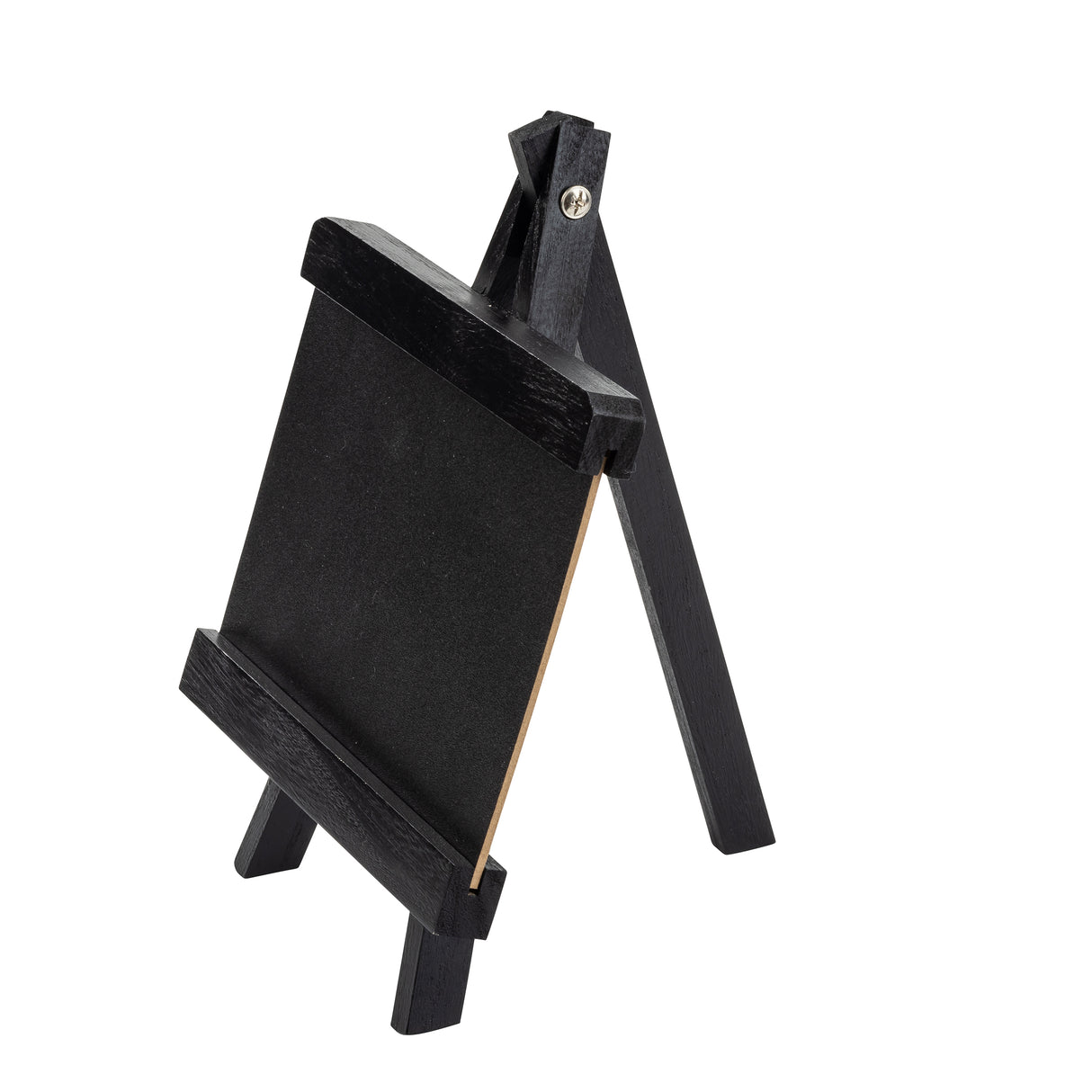 A small, black TableCraft wooden easel stands on three legs, holding a blank rectangular chalkboard vertically. The easel and board rest on a white background, supported by a metal screw at the top hinge.