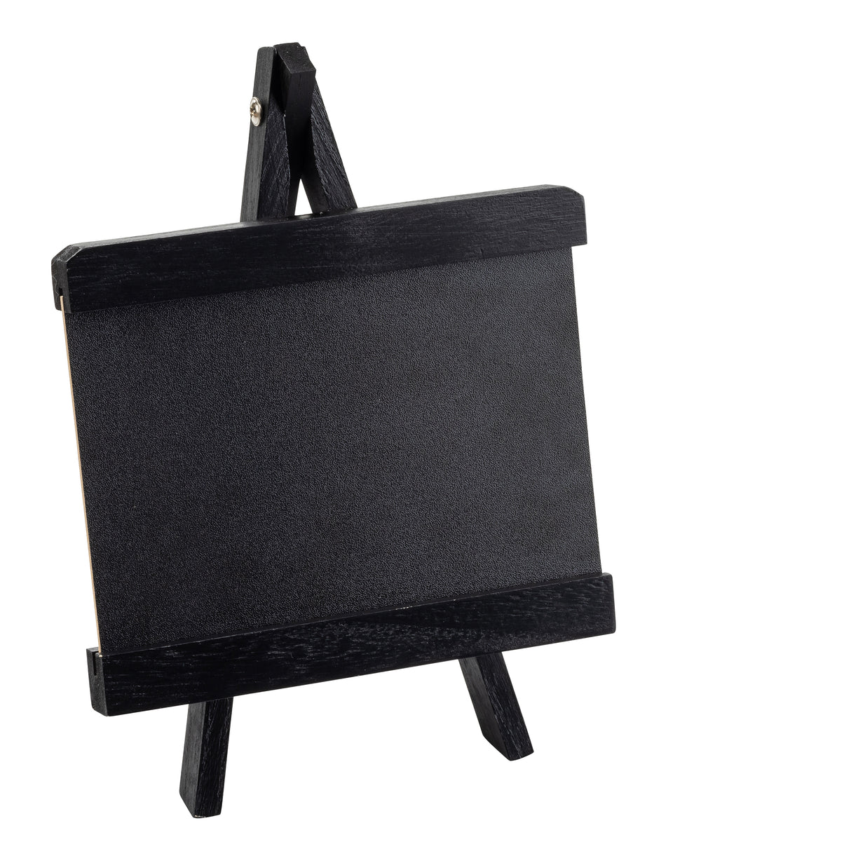 A small black chalkboard sits on a matching miniature wooden easel, both framed with thick black borders. This TableCraft tabletop board sign is empty and tilted slightly to the right, set against a plain white background.