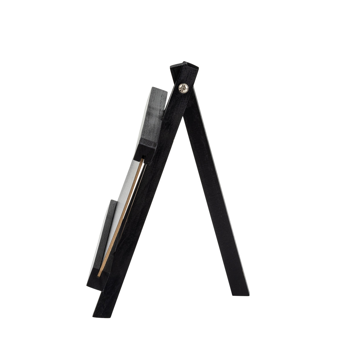 A side view of a black, wooden TableCraft picture frame with a supporting stand extended at the back, allowing the frame to stand upright on a flat surface. The frame can also be used as a tabletop board sign or chalkboard for versatile display.