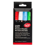 A package of TableCraft Products Assorted Markers is shown. The box displays four erasable markers in blue, red, green, and black with their tips visible through a clear window. Features and colors are listed in English, French, and Spanish.