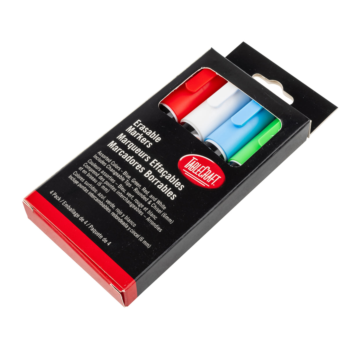 A black and red box of four Assorted Markers, partially open to reveal markers in red, blue, green, and black. The packaging shows the brand “DOLLARAMA,” “Erasable Markers” in three languages, and an Ink Pack design.