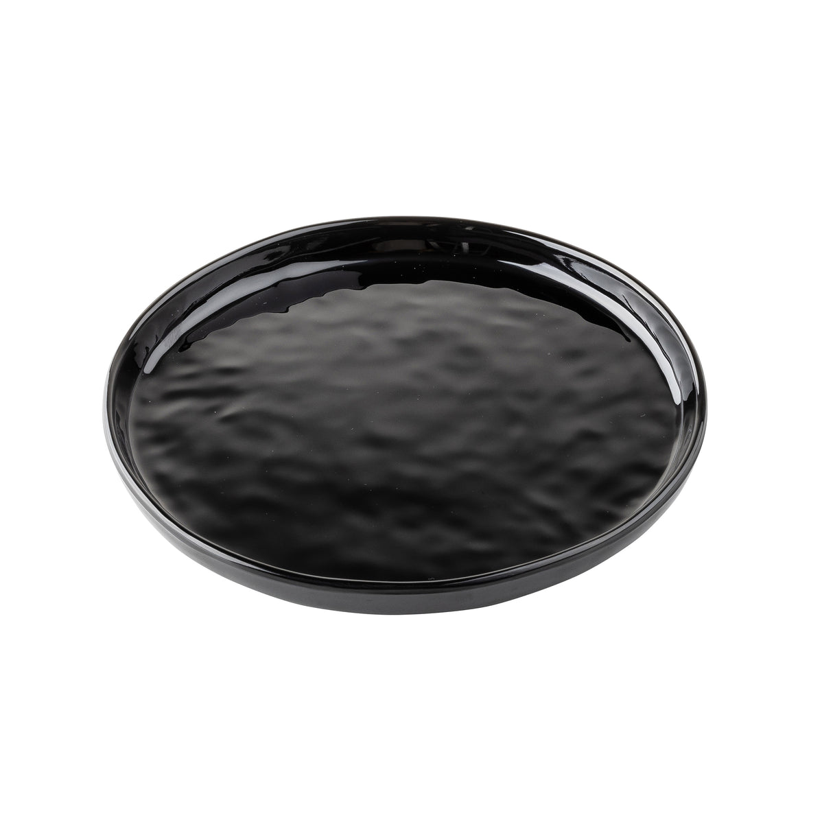A round, black ceramic serving plate with a slightly raised edge and a glossy, textured surface is shown on a white background. The plate appears empty and has a simple, minimalist design ideal for modern table settings.