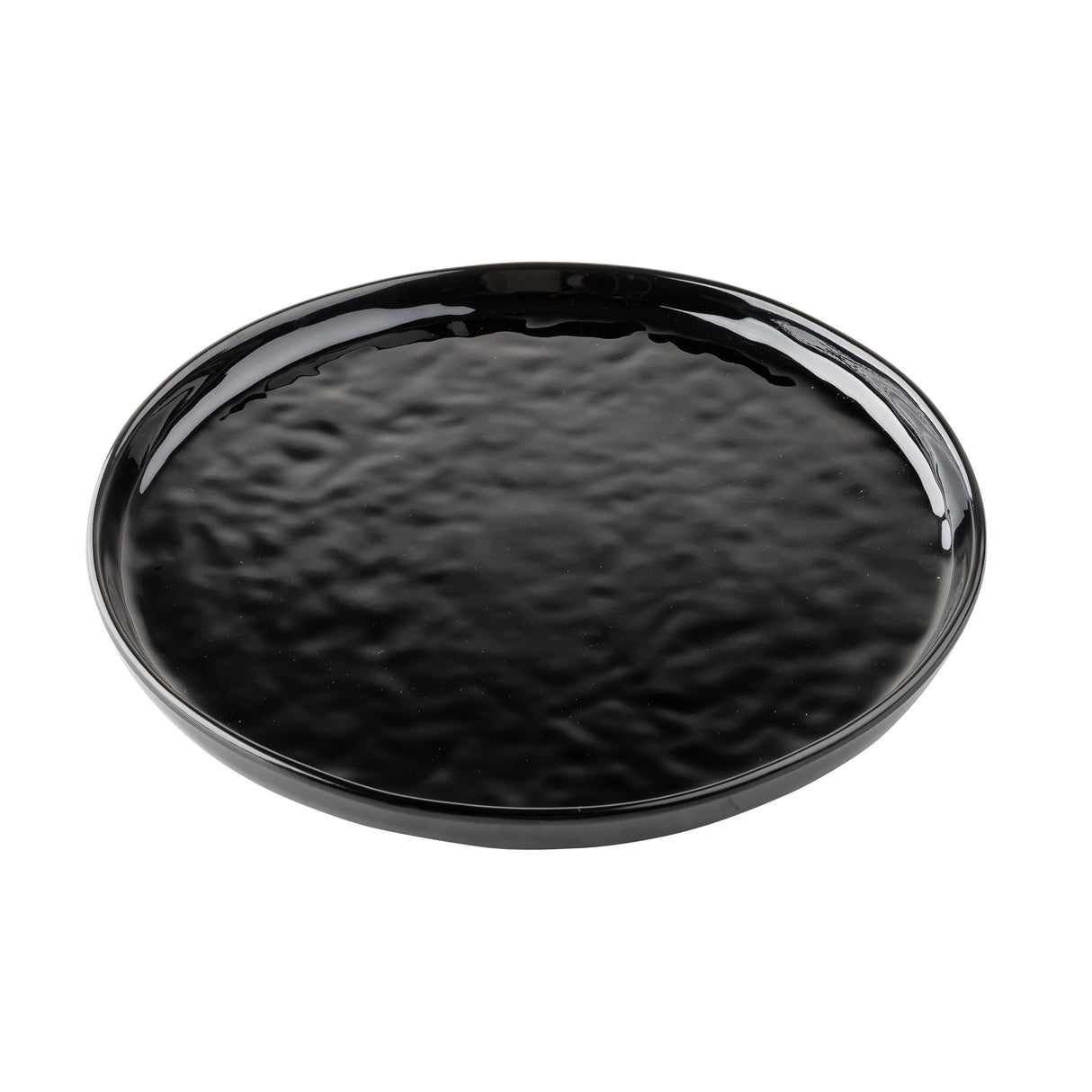 A round, flat black melamine serving plate with a glossy, slightly rippled surface and a smooth, raised edge. The plate sits on a white background, and its reflective finish highlights the textured pattern.