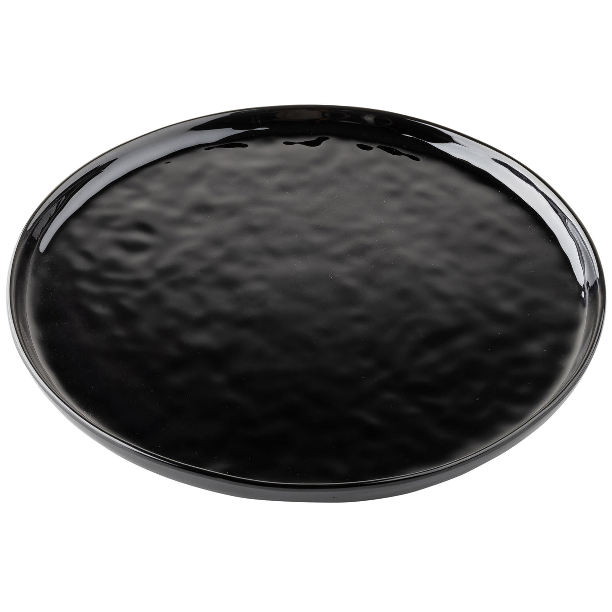 A round, black melamine plate from the TableCraft Ridge Collection features a glossy, slightly textured surface and raised edges. Light reflects off its shiny glaze, revealing a subtle, uneven pattern against the plain white background.
