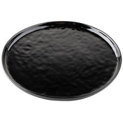 A round, black melamine plate from the TableCraft Ridge Collection features a glossy, slightly textured surface and raised edges. Light reflects off its shiny glaze, revealing a subtle, uneven pattern against the plain white background.