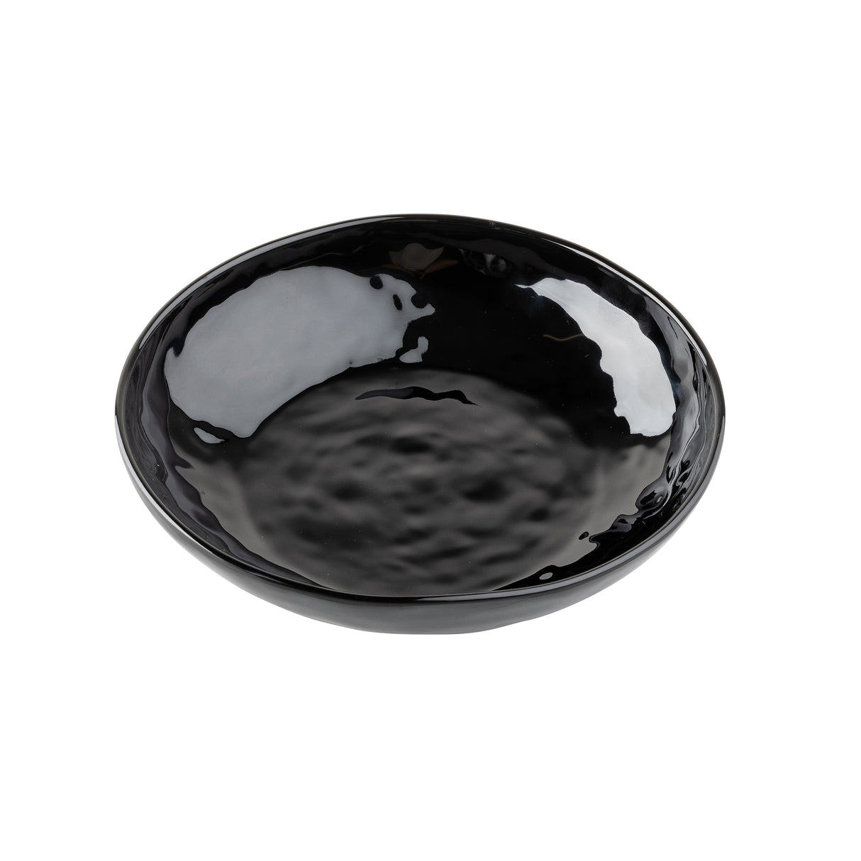 A glossy, black ceramic serving bowl from the Ridge Collection features a wide, shallow shape and a slightly irregular, textured surface. The reflective glaze creates striking patches of light on both the interior and exterior.