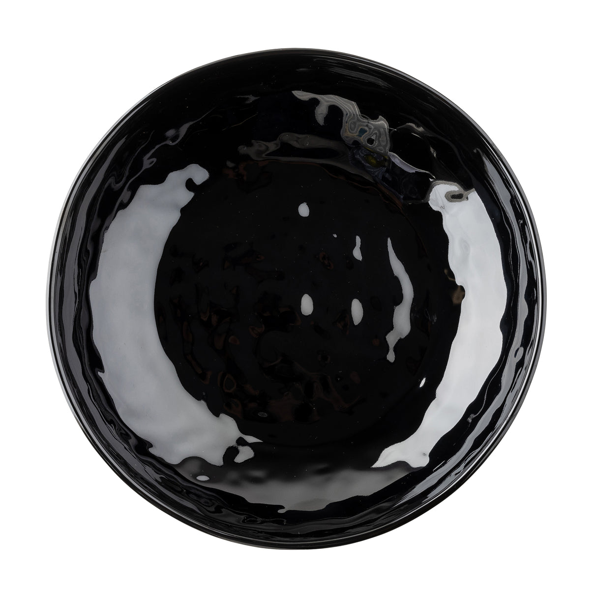 A glossy, round black melamine serving bowl viewed from above. The empty bowl features shiny reflections on its smooth inner surface and curved edges, part of the Ridge Collection, and sits on a plain white background.
