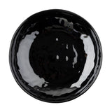 A glossy, round black melamine serving bowl viewed from above. The empty bowl features shiny reflections on its smooth inner surface and curved edges, part of the Ridge Collection, and sits on a plain white background.