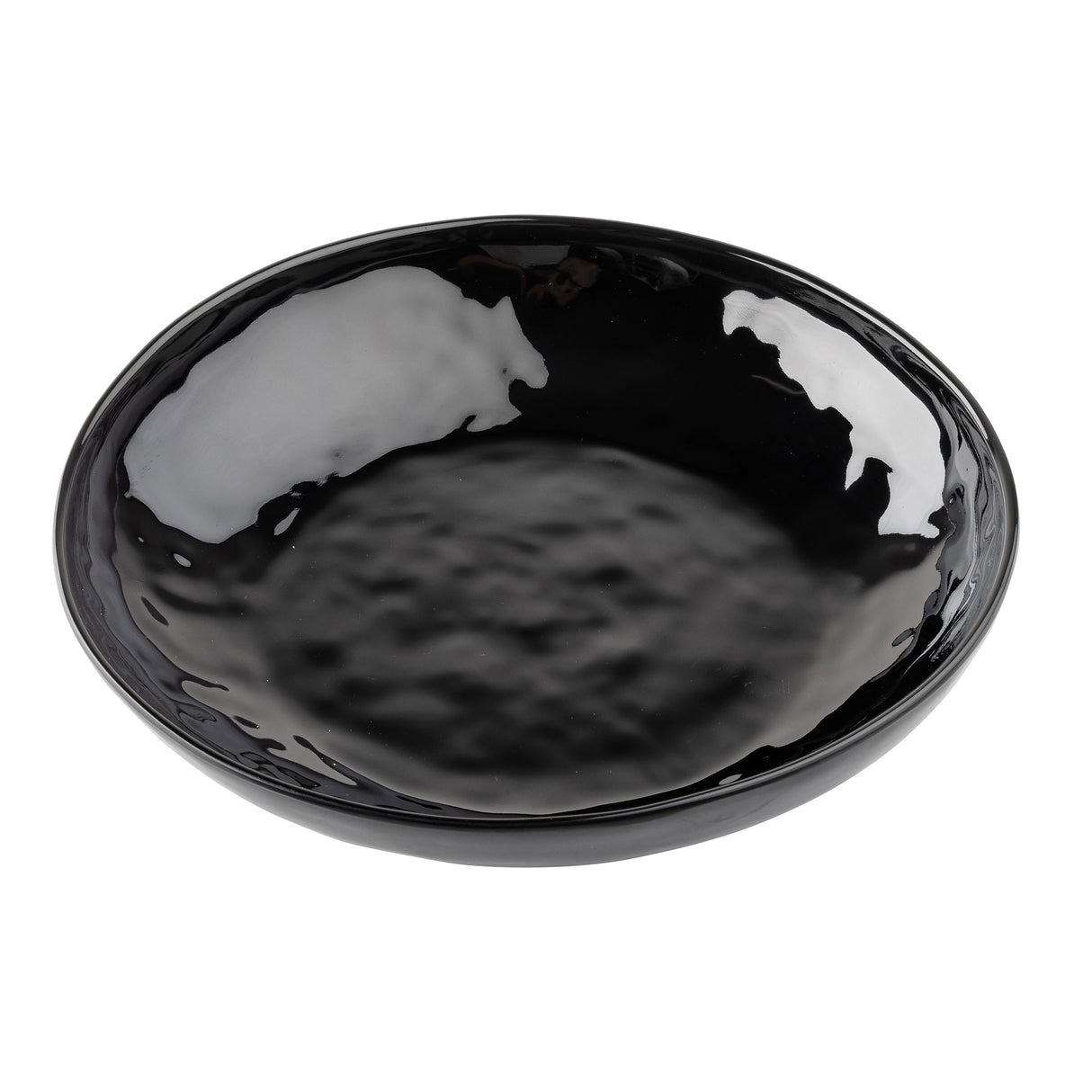 A glossy, round, black TableCraft serving bowl with a slightly uneven, wavy rim and a textured surface. The melamine bowl is empty and photographed from an overhead angle on a white background.