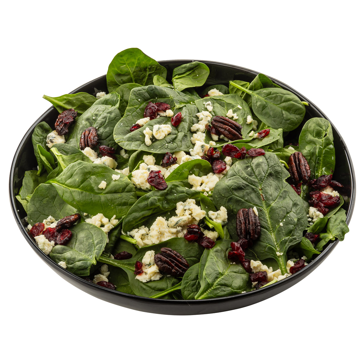 A black TableCraft melamine serving bowl filled with fresh spinach leaves, topped with crumbled blue cheese, candied pecans, and dried cranberries. The white background makes the vibrant salad ingredients stand out beautifully.