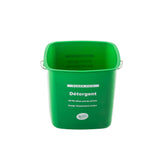 A green plastic cleaning pail labeled “Détergent” with French text, a metal handle, and the brand name “San Jamar.” This detergent container is empty and set against a white background.