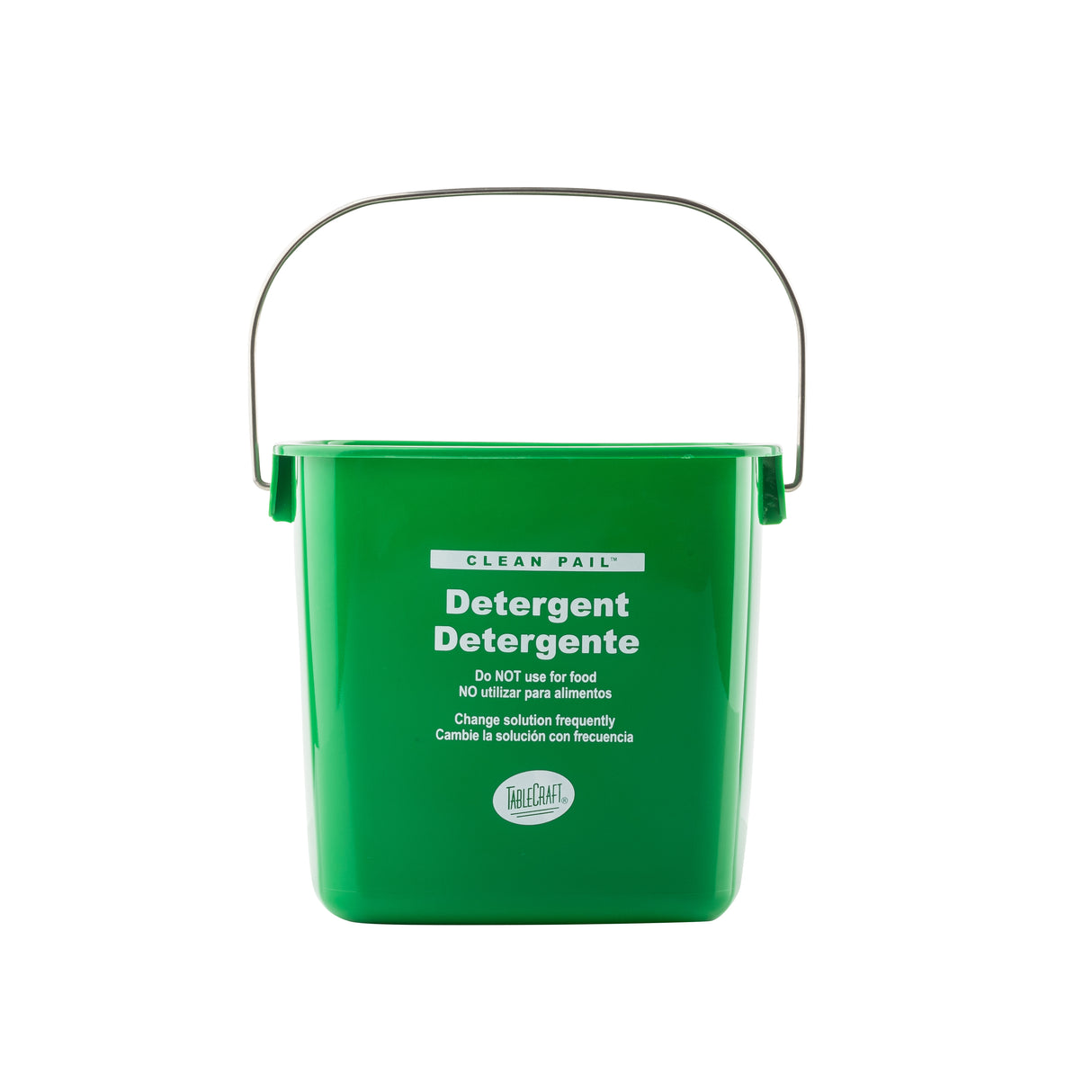 A green polyethylene cleaning pail with a metal handle labeled “Detergent Detergente” and cleaning instructions in white text. This Tough Guy detergent container is designed for cleaning, not for food use, and is photographed on a white background.