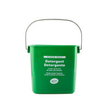 A green polyethylene cleaning pail with a metal handle labeled “Detergent Detergente” and cleaning instructions in white text. This Tough Guy detergent container is designed for cleaning, not for food use, and is photographed on a white background.