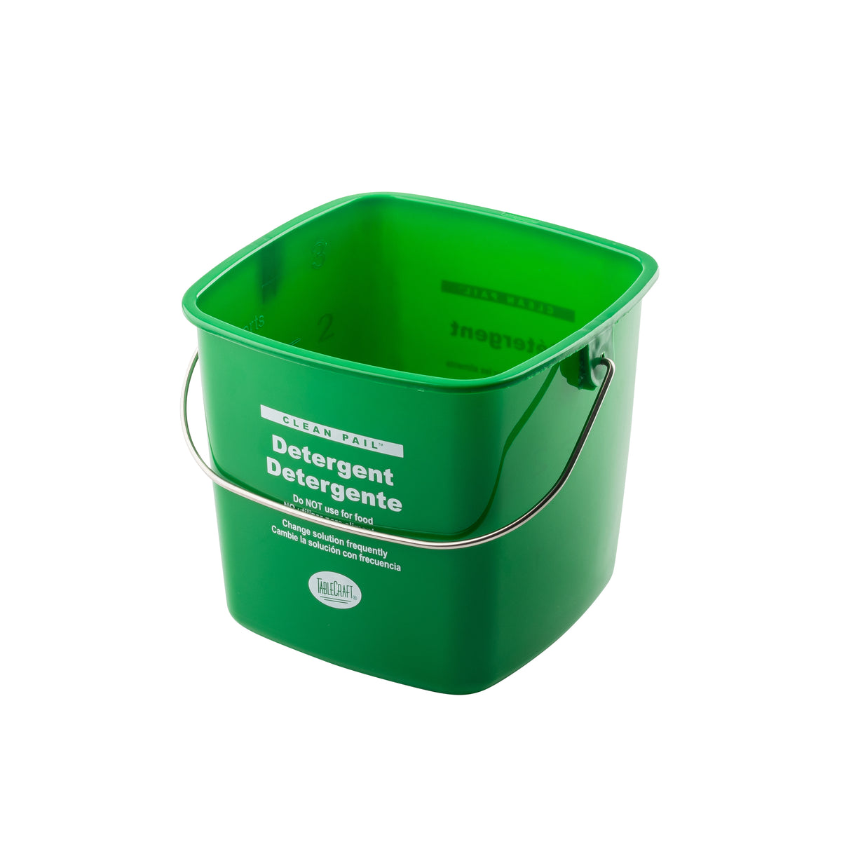 A green, square polyethylene pail labeled Detergent with measurement marks and a metal handle. The label features Spanish text and a warning: Do not use for food. This cleaning pail is set against a white background.