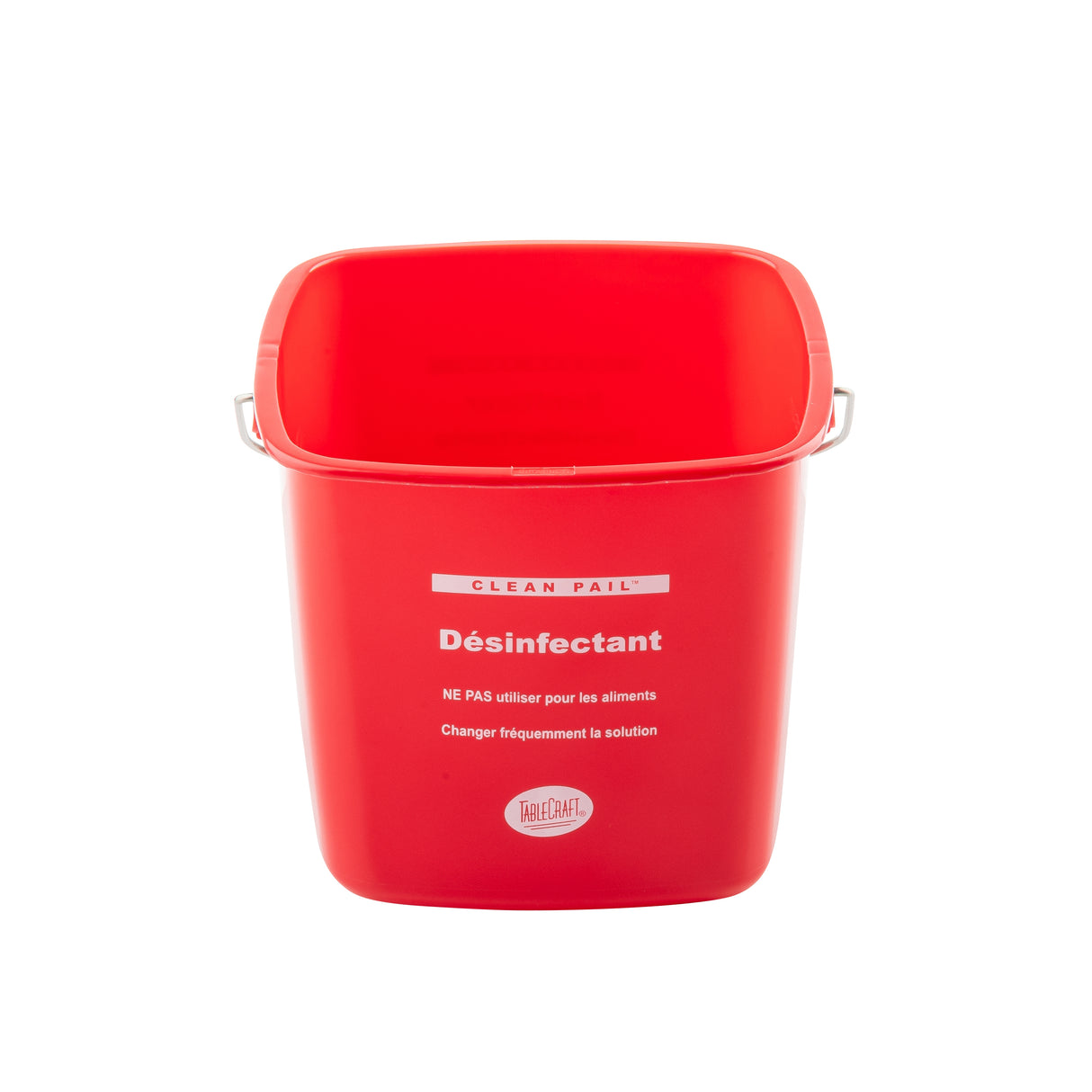 A bright red HDPE sanitizer pail with a metal handle, labeled Désinfectant in white text and additional French instructions, designed for disinfectant use. The cleaning pail is empty and photographed on a white background.
