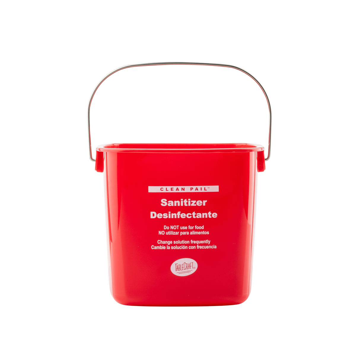 A red HDPE sanitizer pail labeled “Sanitizer Desinfectante” with white text warns against food use. This rectangular cleaning pail features a metal handle, bilingual instructions, and sits on a white background.
