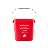 A red HDPE sanitizer pail labeled “Sanitizer Desinfectante” with white text warns against food use. This rectangular cleaning pail features a metal handle, bilingual instructions, and sits on a white background.
