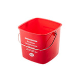 A red, square HDPE sanitizer pail with a metal handle. The front text reads “Sanitizer Desinfectante” in white, with usage instructions in English and Spanish. The empty cleaning pail is photographed on a white background.