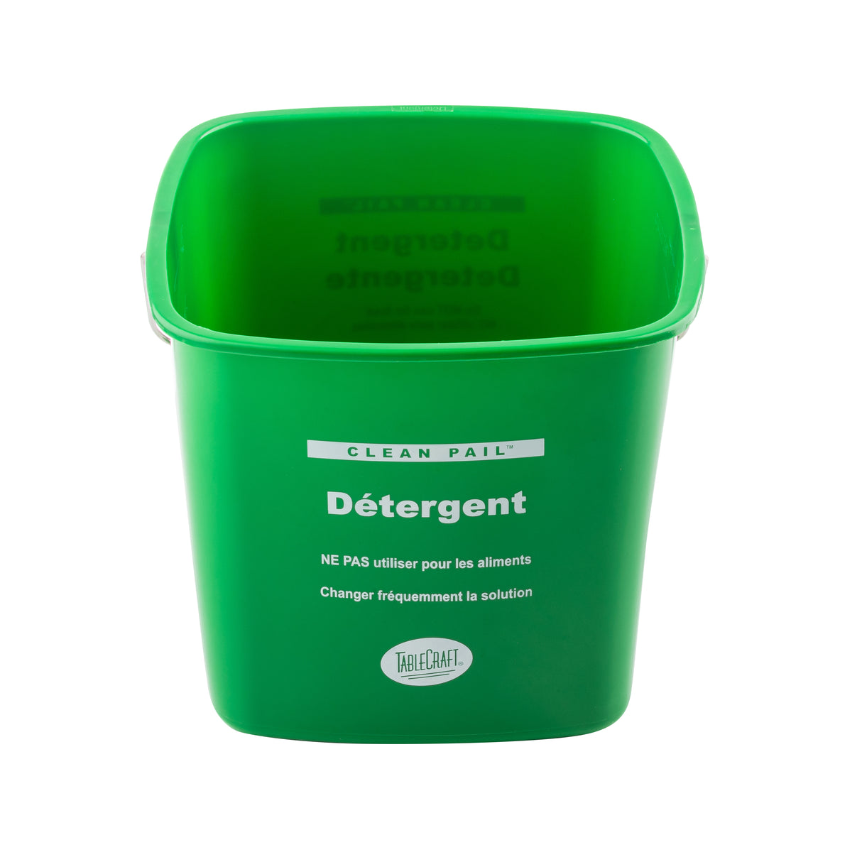 A square, green polyethylene detergent pail labeled Détergent with white text, including usage instructions in French and English. The empty cleaning pail is shown from above at a slight angle, with TableCraft branding near the bottom.