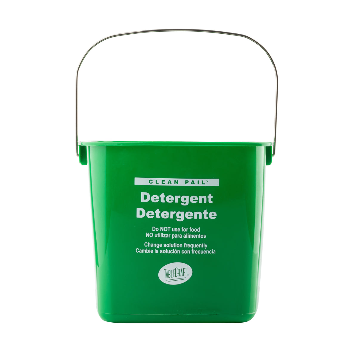 A green polyethylene cleaning pail with a metal handle, labeled “Detergent Detergente” in white text. Instructions warn not to use for food, and to change solution frequently. The detergent pail features a “TableCraft” logo on the bottom center. White background.