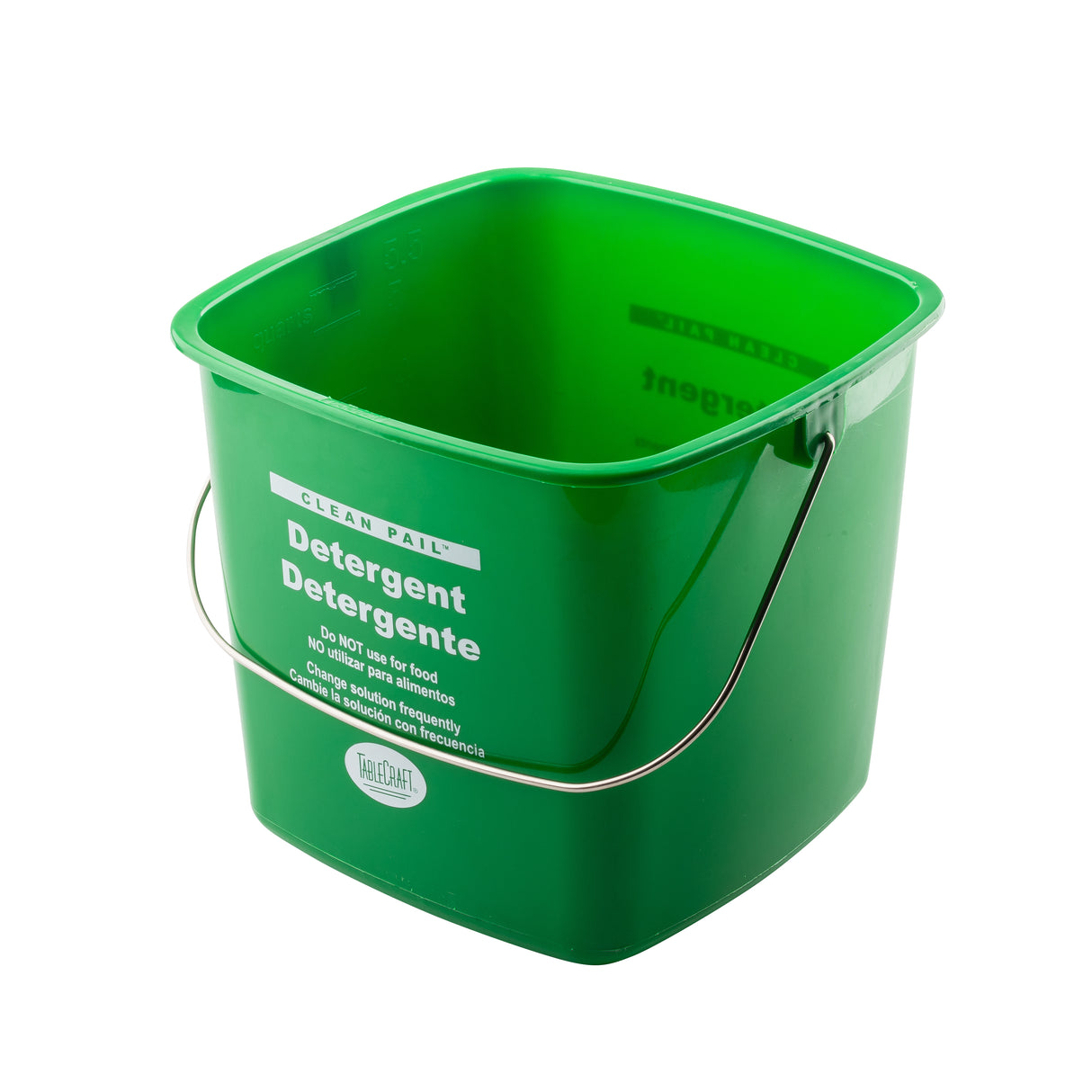 A green polyethylene detergent pail labeled "Detergent" in white text, with a metal handle. This empty cleaning pail sits against a white background, showing usage instructions and a clean pail indicator on the label.