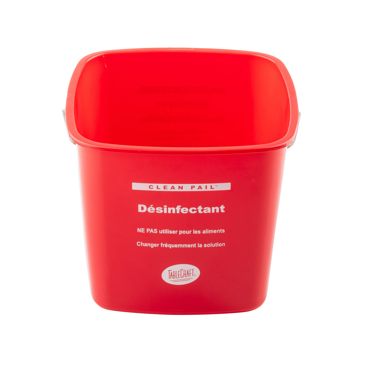A bright red HDPE cleaning pail labeled “Désinfectant” in white French text, advising not to use for food and to change sanitizer solution frequently, with the TableCraft logo below; the pail is clean, empty, and photographed on a white background.