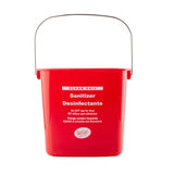 A bright red HDPE cleaning pail labeled “Sanitizer Desinfectante,” featuring warnings in English and Spanish, a metal handle, and the TableCraft logo. The label advises against food use and reminds to change the sanitizer solution frequently. White background.