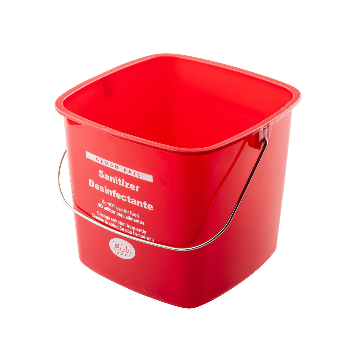 A bright red, square cleaning pail made of HDPE with a metal handle. White text reads “Sanitizer Desinfectante” and includes instructions in English and Spanish. The glossy interior is clean and empty.