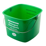 A green 8 qt cleaning pail made of HDPE, labeled "Detergent" in English and Spanish, features a metal handle and interior measurement markings. The empty pail sits on a white background with usage instructions on the label.
