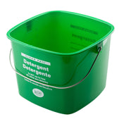 A green 8 qt cleaning pail made of HDPE, labeled "Detergent" in English and Spanish, features a metal handle and interior measurement markings. The empty pail sits on a white background with usage instructions on the label.