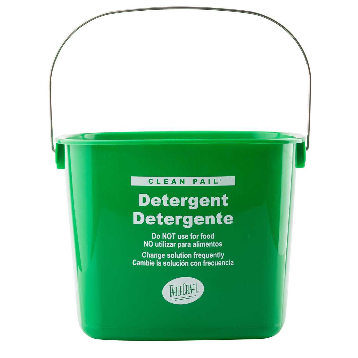 An 8 qt green cleaning pail made from HDPE plastic with a metal handle. The front label reads “CLEAN PAIL Detergent Detergente” and warns not to use for food. Instructions to change solution frequently are in English and Spanish.