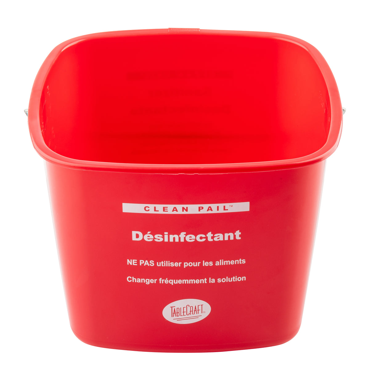 A red HDPE cleaning pail with CLEAN PAIL and Désinfectant in white, plus French instructions not for food use and to change the sanitizer frequently. TableCraft branding appears near the bottom. The empty pail is shown on a white background.