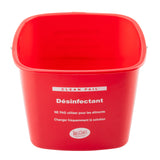 A red HDPE cleaning pail with CLEAN PAIL and Désinfectant in white, plus French instructions not for food use and to change the sanitizer frequently. TableCraft branding appears near the bottom. The empty pail is shown on a white background.