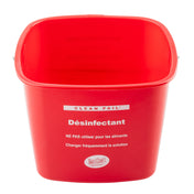 A red HDPE cleaning pail with CLEAN PAIL and Désinfectant in white, plus French instructions not for food use and to change the sanitizer frequently. TableCraft branding appears near the bottom. The empty pail is shown on a white background.