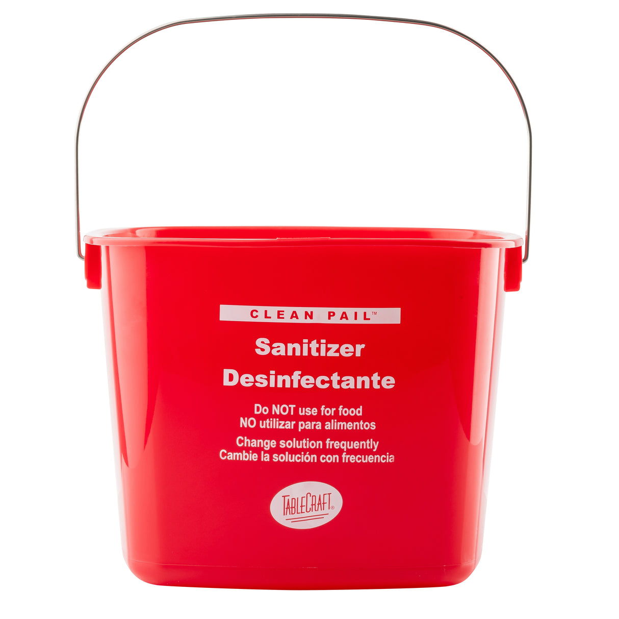A red HDPE cleaning pail labeled Sanitizer Desinfectante in white text, with instructions to not use for food and to change the sanitizer solution frequently. The bucket features a metal handle and the TableCraft logo beneath the directions.