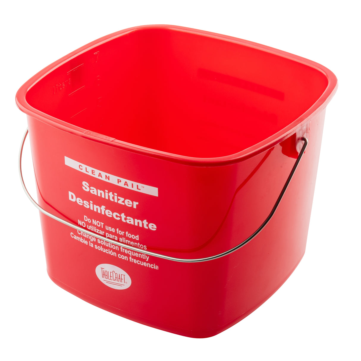 A bright red, square HDPE cleaning pail with a metal handle. White text on the side reads “Sanitizer Desinfectante” and includes safety instructions, indicating it is for cleaning and not for food use. Both interior and exterior are glossy red.