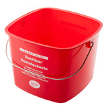 A bright red, square HDPE cleaning pail with a metal handle. White text on the side reads “Sanitizer Desinfectante” and includes safety instructions, indicating it is for cleaning and not for food use. Both interior and exterior are glossy red.