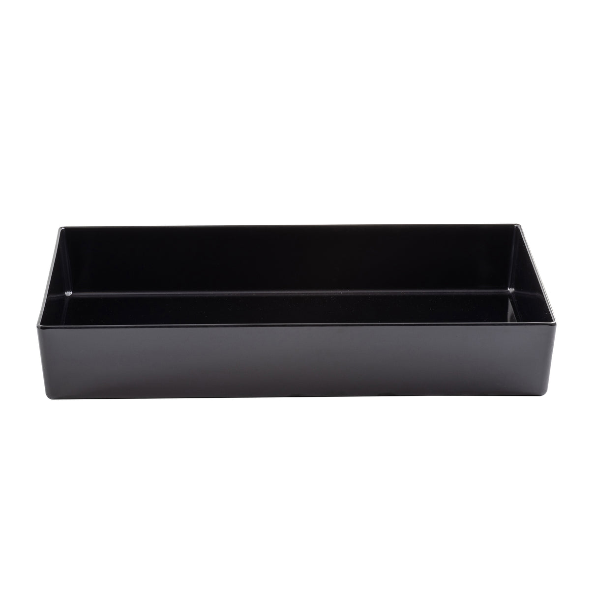 A rectangular, shallow, black melamine bowl with straight sides and sharp corners, shown from a front angle on a white background. The tray is empty and simple in design—ideal as a Simple Solutions Bowl.