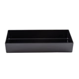 A rectangular, shallow, black melamine bowl with straight sides and sharp corners, shown from a front angle on a white background. The tray is empty and simple in design—ideal as a Simple Solutions Bowl.