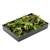 A rectangular black melamine bowl filled with a mix of fresh, leafy salad greens—spinach, arugula, and red and green lettuce. The vibrant leaves, from deep green to reddish-purple, stand out beautifully against the sleek tray.