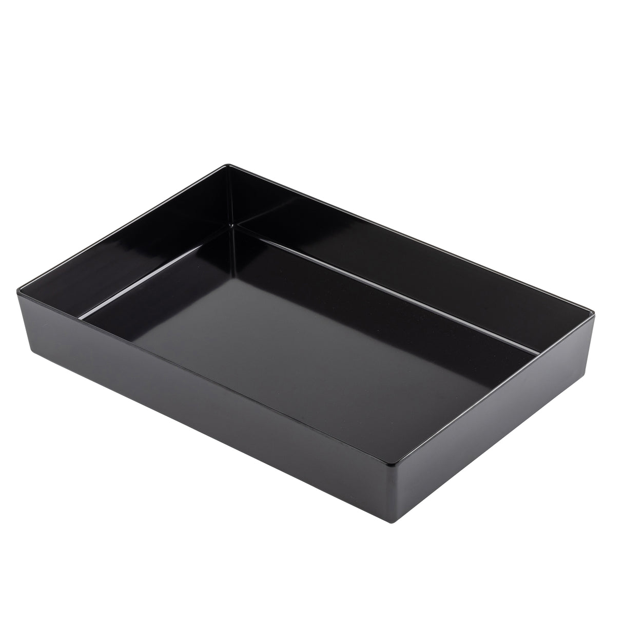 A rectangular, glossy black tray with high sides and clean edges, photographed on a white background. The smooth, reflective surface suggests it could be a TableCraft piece or made of melamine, similar to a half size bowl but in tray form.