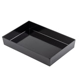 A rectangular, glossy black tray with high sides and clean edges, photographed on a white background. The smooth, reflective surface suggests it could be a TableCraft piece or made of melamine, similar to a half size bowl but in tray form.