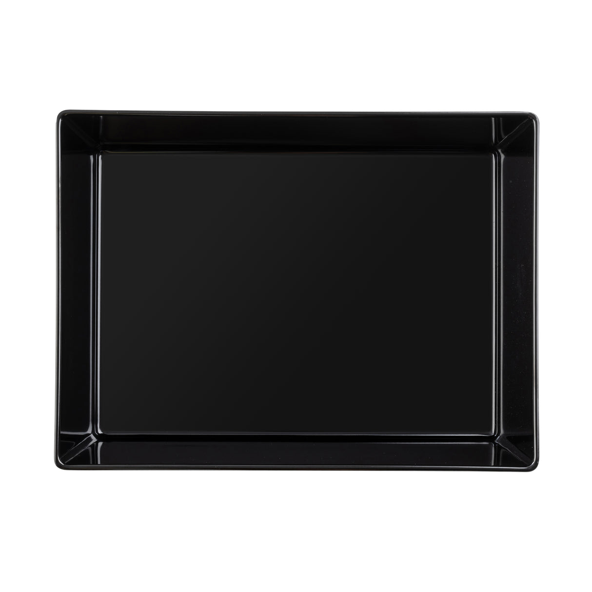 A rectangular, glossy black TableCraft tray is shown on a white background. The tray has raised edges and a smooth, reflective surface, appearing empty and clean, viewed from directly above.