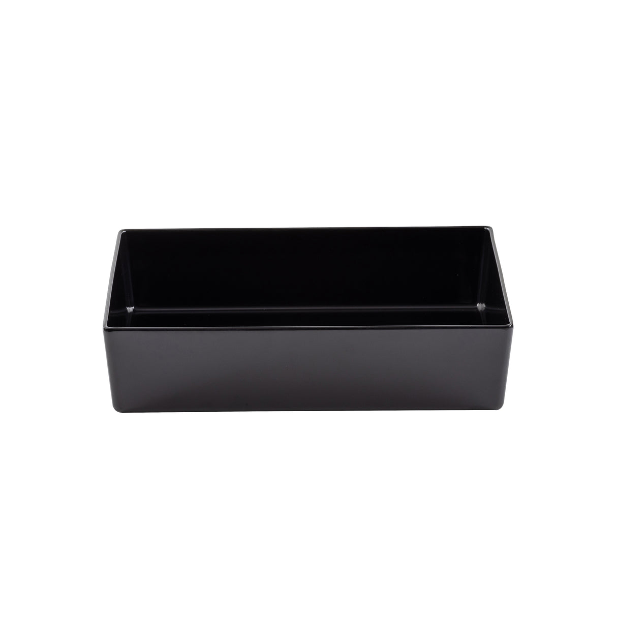 A plain, rectangular, black TableCraft container with smooth sides and sharp corners, shown empty against a white background. The half size bowl has a glossy finish and is oriented with its open top facing forward.