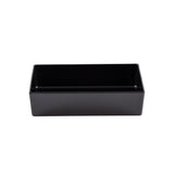 A plain, rectangular, black TableCraft container with smooth sides and sharp corners, shown empty against a white background. The half size bowl has a glossy finish and is oriented with its open top facing forward.