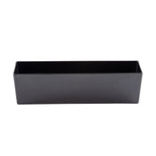 A rectangular, black, plastic container by TableCraft with smooth surfaces and straight edges is shown against a white background. This versatile melamine bowl is empty and viewed from the front.